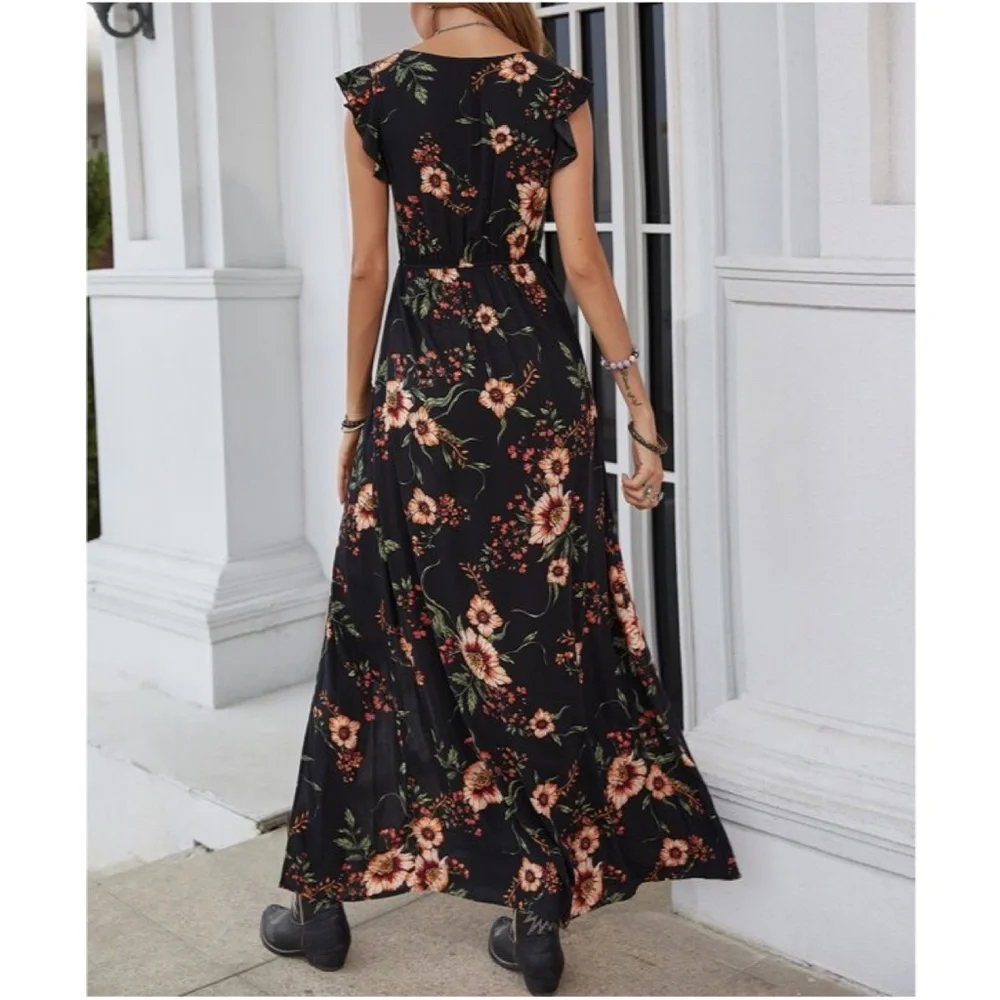 Boho Floral Print V neck Ruffle Cap Sleeve Maxi Dress - Picture 3 of 3
